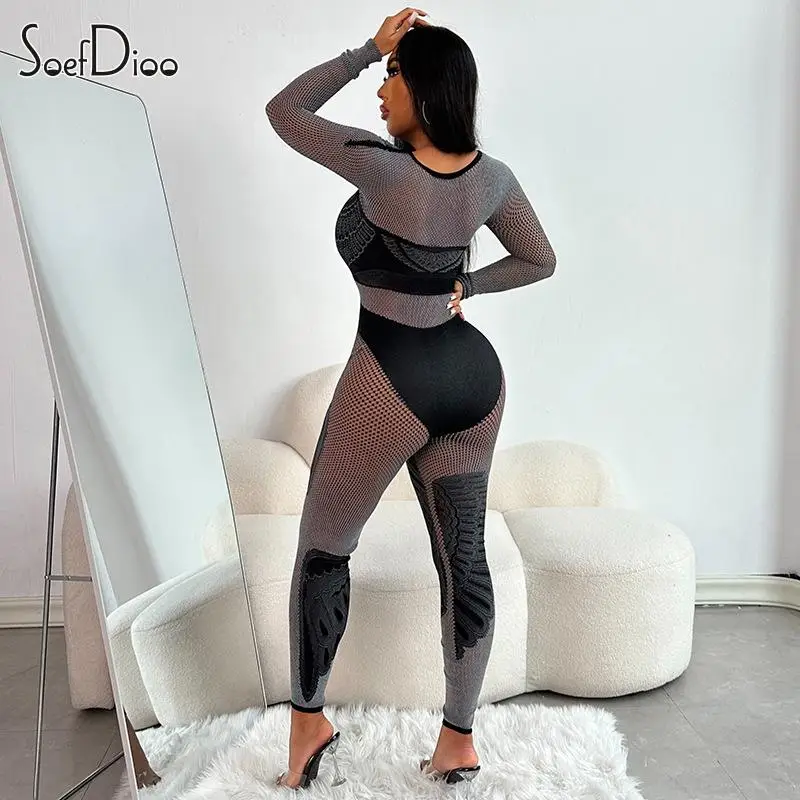 Soefdioo Mesh Hollow Out Rhinestone Jumpsuits Women Sexy O-Neck Body-Shaping See Through One Piece Rompers 2024 Fall Clubwear