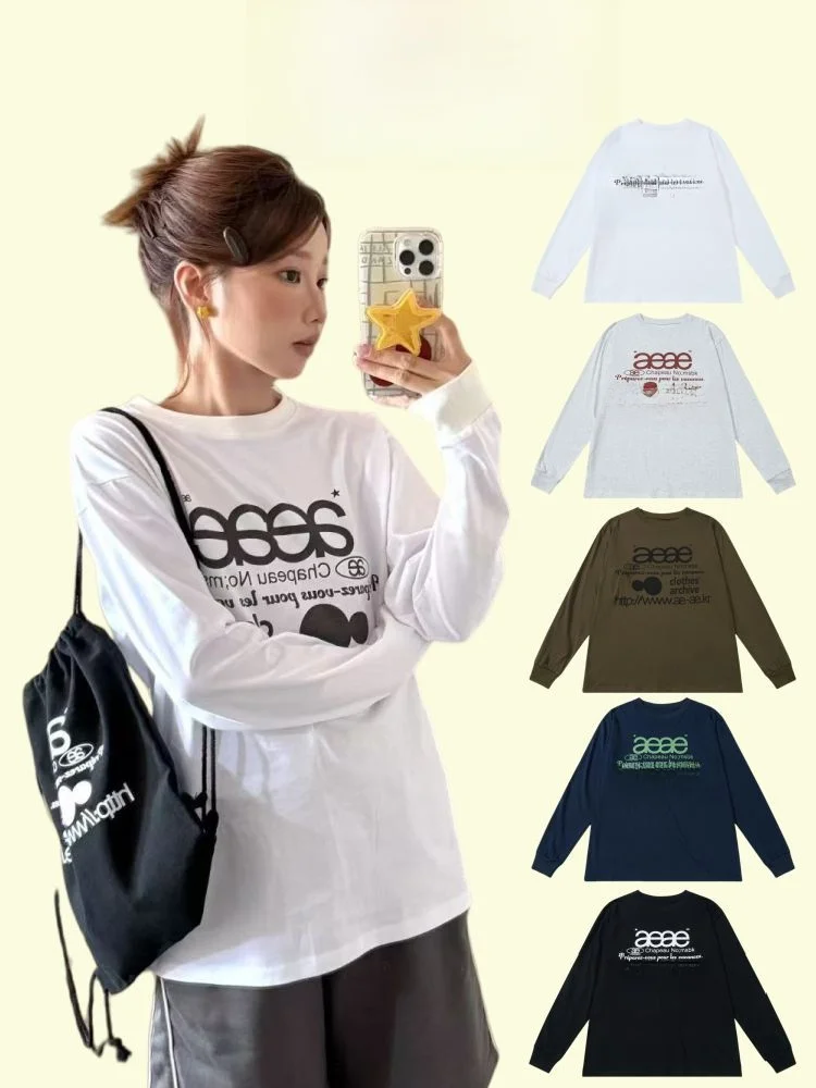 

Женская хлопковая футболка Aeae с буквенным принтом, длинным рукавом, свободного кроя, осенне-зимняя коллекция 2025, повседневная, удобная, дышащая, влагоотводящая.