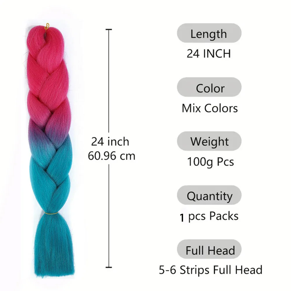 Wig sintetik ekstensi rambut Crochet kepang Jumbo Ombre warna-warni pelangi 1 buah wig sintetis DIY rambut palsu perempuan pesta cosplay Natal