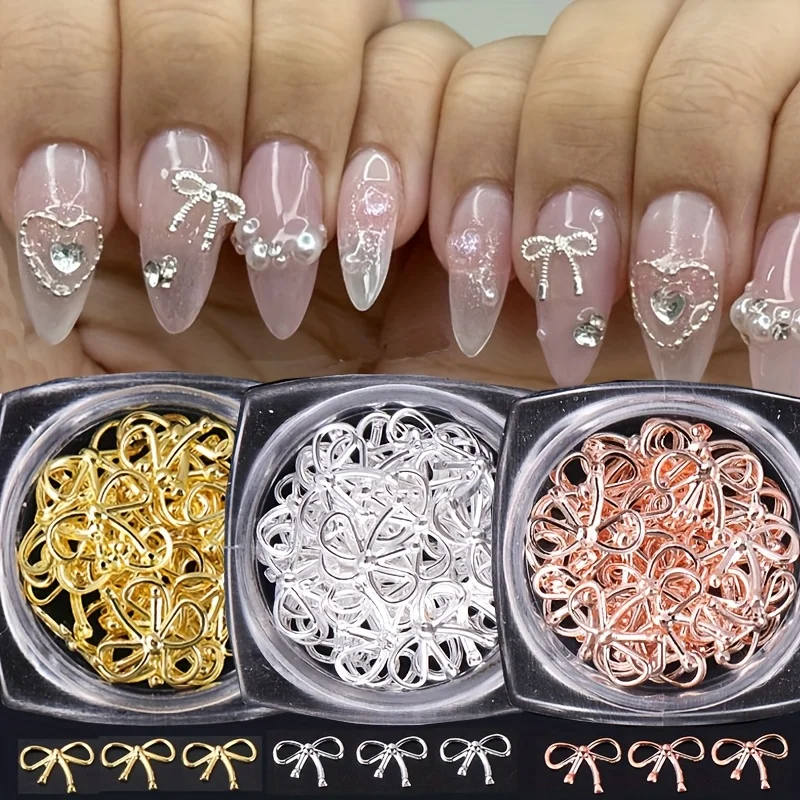 3-Flaschen-Weidenbögen aus Metall, Nageldekoration, Gold, Silber, 3D-Bowknot-Design, DIY-Charm, eleganter metallischer Schmuck, Maniküre-Zubehör – Detail 3