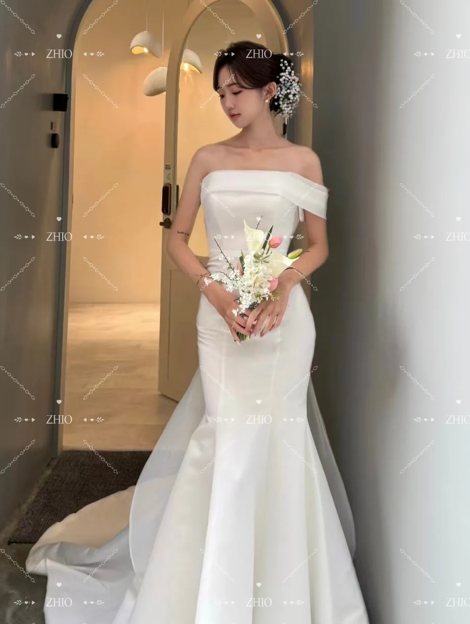 ZHIO فستان حورية البحر الساحر لحفلات الزفاف بكتف واحد ثوب مسائي كوري لالتقاط الصور فستان استقبال الزفاف مخصص لحفلات الزفاف #4