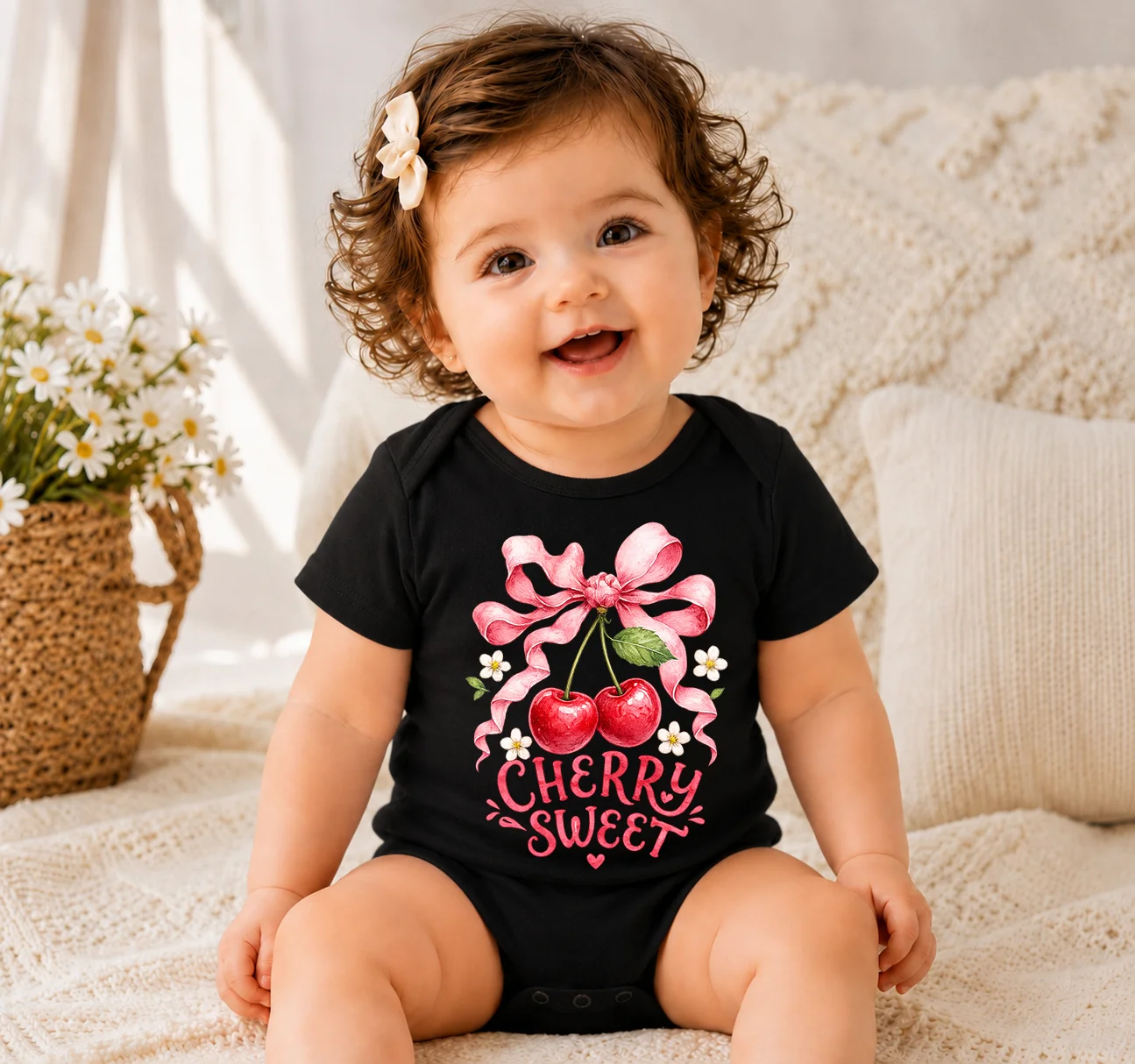 Baby Girl Short Sleeve Bodysuit Cherry Sweet Bow Print Newborn Infant Black Romper Summer Cotton Baby Onesie Toddler Bebe Jumpsu