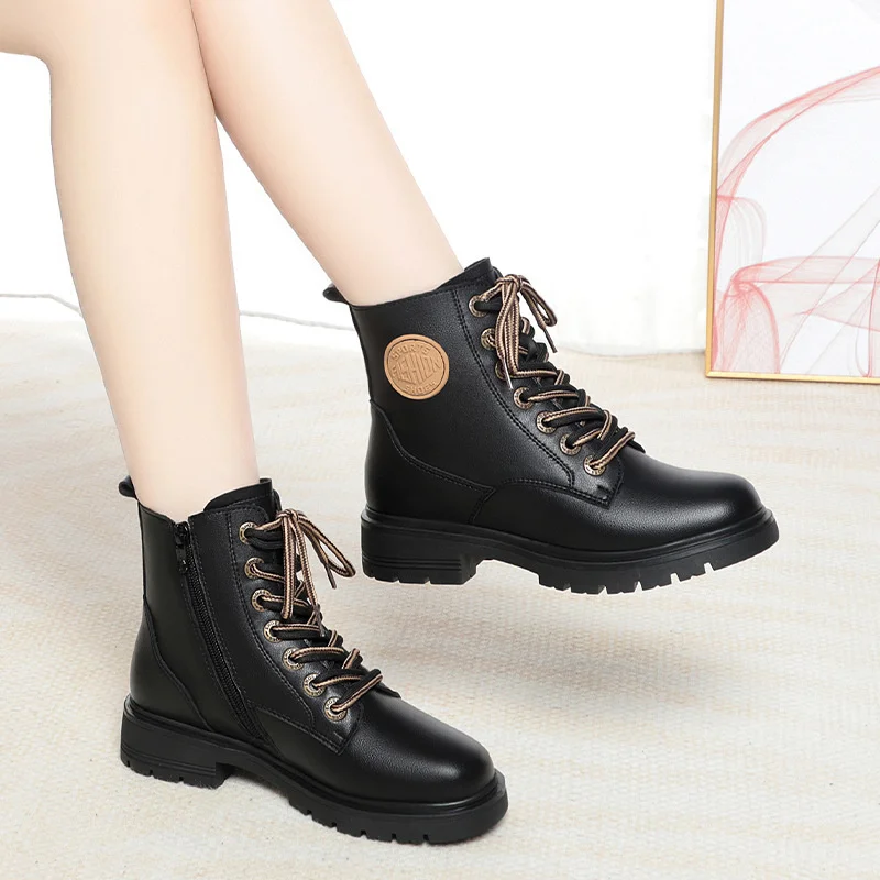 Autumn Winter Non-slip Women Ankle Boots Fashion Lace-up Flat Casual Sewing Black Solid Color Velvet Thick Sole Boots