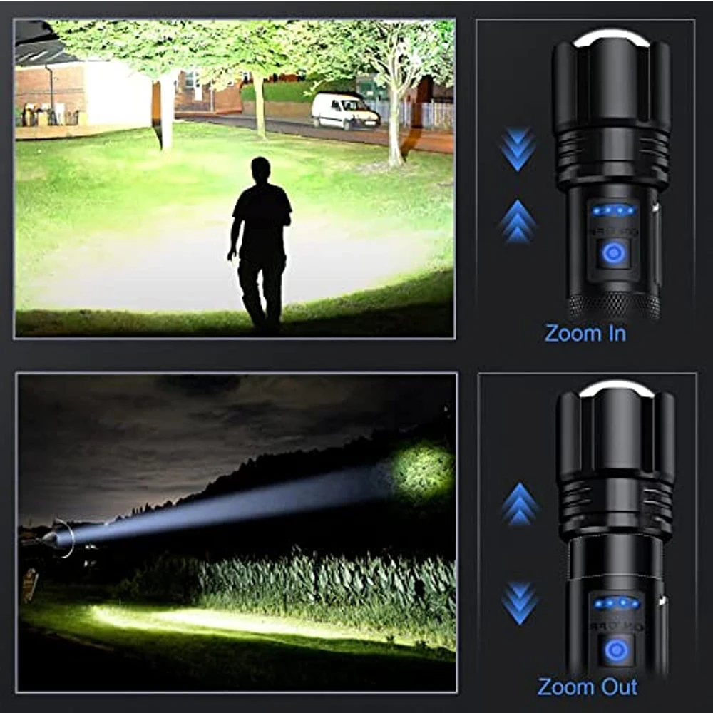 Imagem -05 - Recarregável Super Brilhante Lanterna Modos de Alta Lumens Lanterna Tática Zoomable Led Tocha com Cob Luz Lateral e Exibição