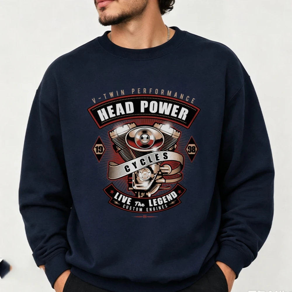 Head Power Cycles Live The Legend Motorcycle Engine Graphic Crewneck Sweatshirt Vintage Biker Print Rider Soft Casual Pullover
