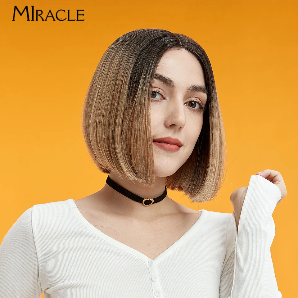 MIRACLE Synthetic  9'' Short Bob Wigs Lace Front Wig for Women 613 Blue Ombre Pink Blonde Wig Short Hair Daily Cosplay Wigs