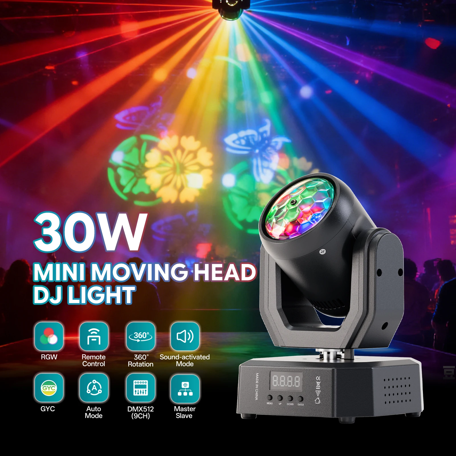 Datewink Mini 30W LED Moving Head Lights RGW Magic Ball Beam Pattern Effect Stage Light DMX Remote For DJ Disco Party Nightclub