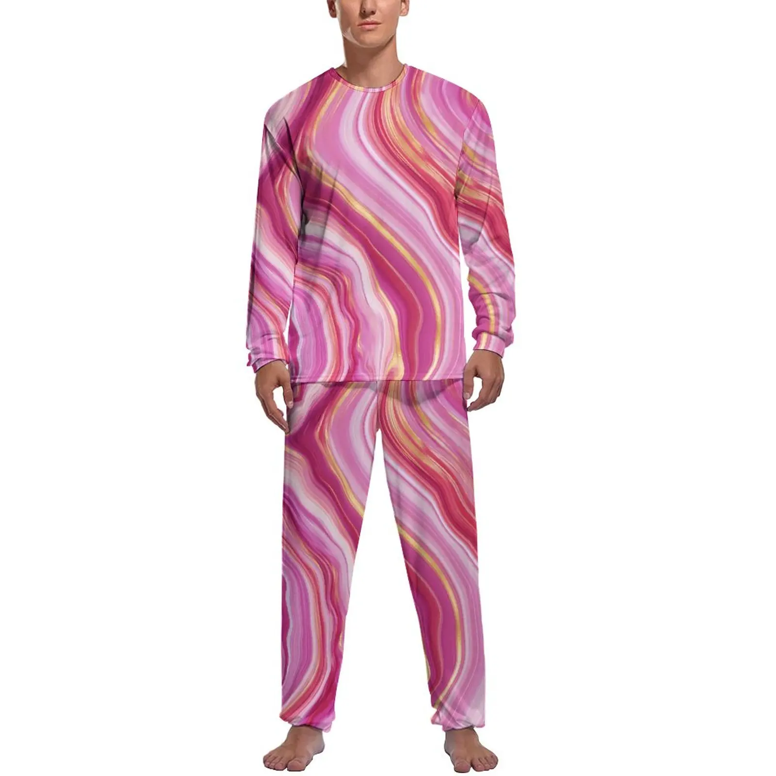 Marble Print Pajamas Daily Two Piece Pink Liquid Fashion Pajamas Set Men Long Sleeve Casual Custom Nightwear