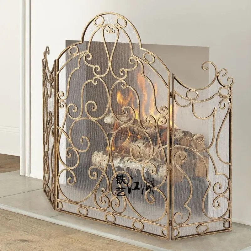 Wrought iron gold fireplace, screen partition, new product with mesh fireplace decorative guardrail, living room folding firepla