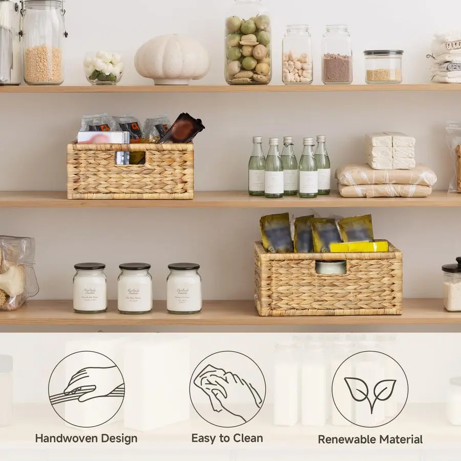 Grand panier en osier pour organiser, organisateur de garde-manger avec cadre en bois, panier de rangement en jacinthe d'eau pour étagères