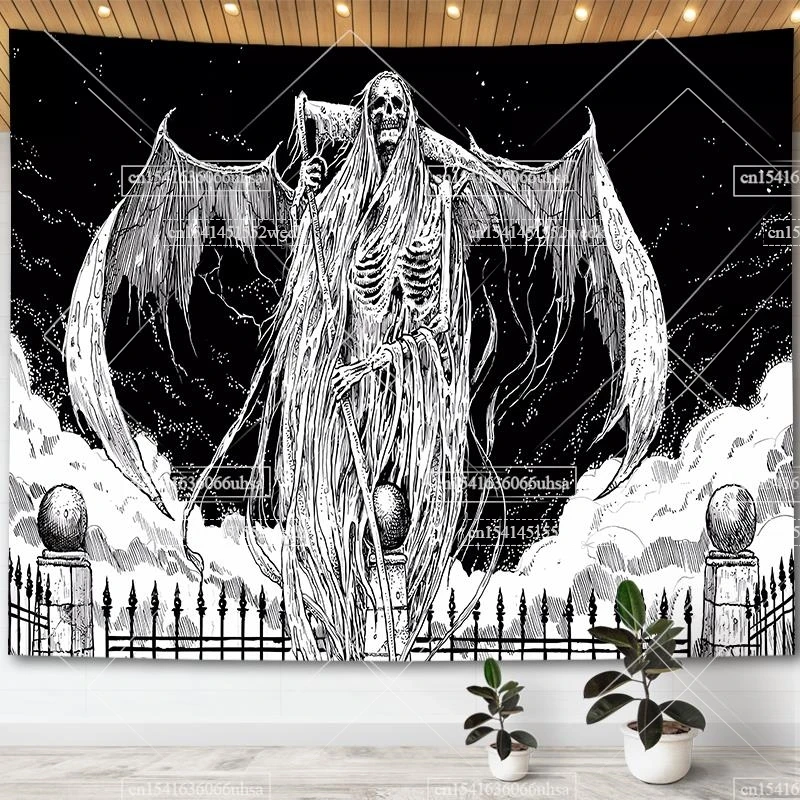 Black And White Skull Tapestry Moon Gothic Skeleton Tapestry Hippie Mandala Floral Tapestries For Bedroom Aesthetic Decor Poster