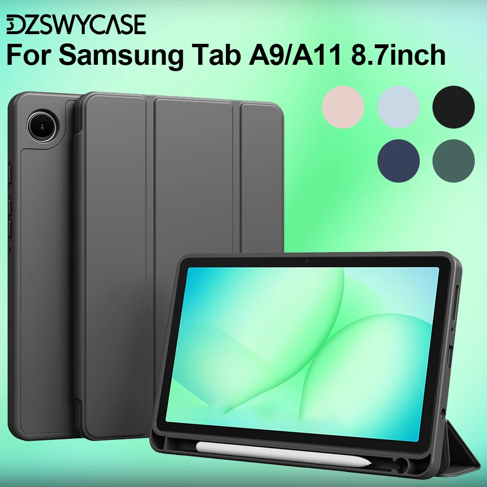 Case for Samsung Galaxy Tab A9/A11 8.7 inch, with Pencil Holder, Drop-Resistant Trifold Stand Soft Back Cover, Auto Sleep/Wake