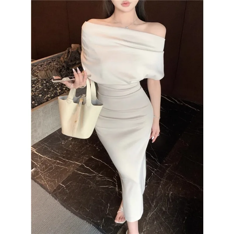 Korean Solid Color Casual Short-sleeved Dress Women 2024 Summer New Oblique Collar Strapless Pleated Sexy Slim Mid-length Dress