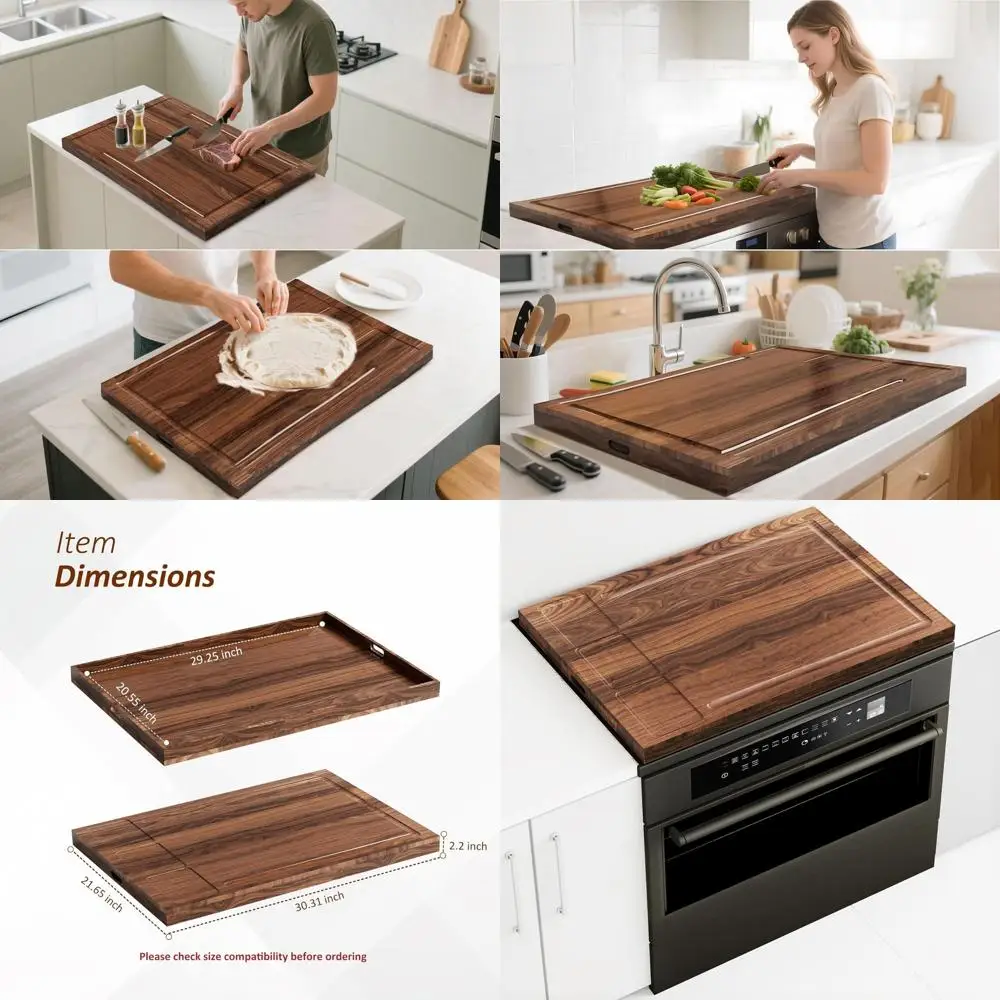 

Walnut Wood Stove Top Cover with Handle, Electric & Gas Burner Compatible, Cutting Board with Juice Groove