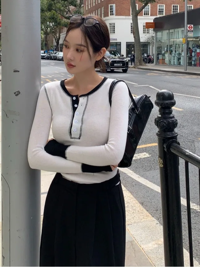 Autumn Winter New Sle Women's Slim Fit Knitted Sweater Long Sve round Ne Color Blo Design Chic Body a Top