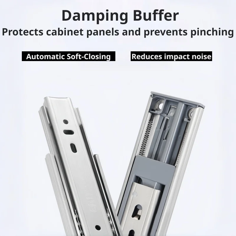 Thickened Drawer Slide, Stainless Steel Soft-Close 3-Section Rail, Cabinet Damping Buffer Guide, Wardrobe Slideway, Push-to-Open