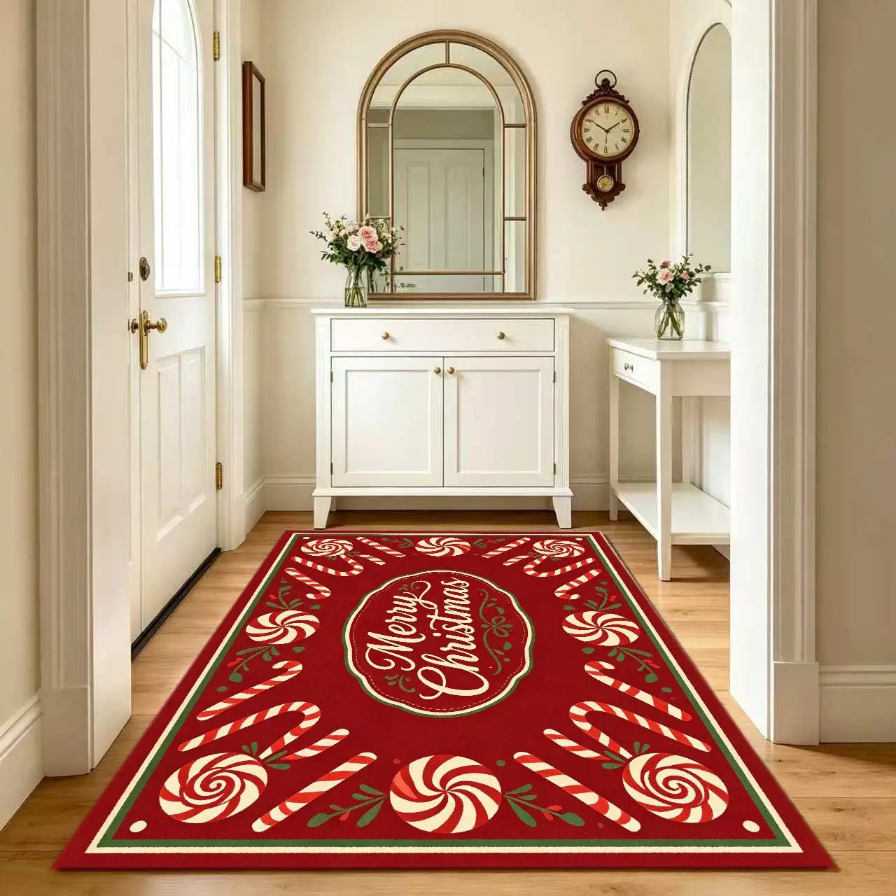 1pc Soft Rectangular Christmas Cinnamon Area Rug, Red Non Slip Festive Mat for Living Room & Bedroom Christmas Decor