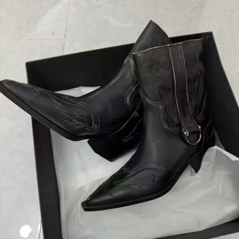 Black Retro Distressed Floral Carved Pointed Toe Chelsea Boots Men's Chunky Heel Non-Slip Booties Luxury Short Western Boots