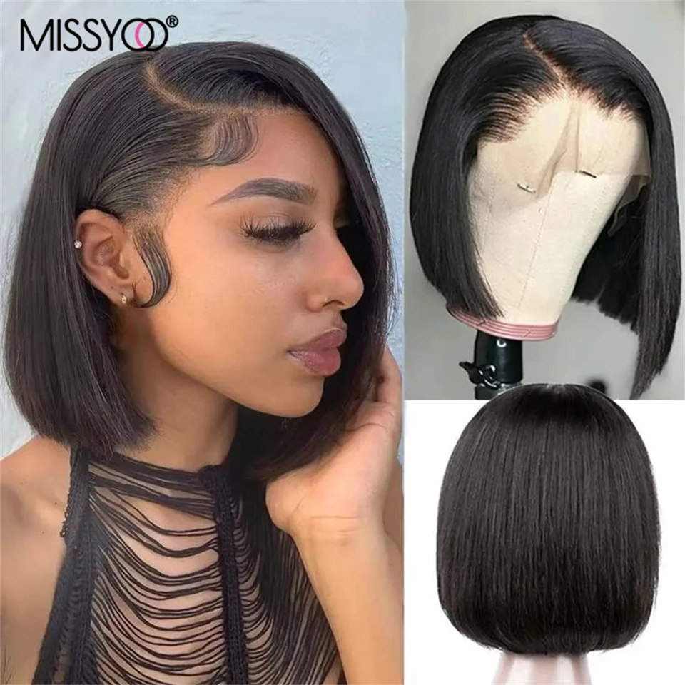 

Peruvian Short Straight Bob Human Hair 13x4 Lace Front Wig Pre Plucked Remy Hair HD Transparent Lace Natural Black Glueless Hair