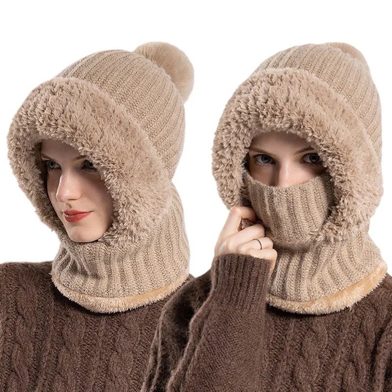 

Зимняя вязаная шапка, шапочки, шарф, маска, интегрированная шапка для женщин, зимняя велосипедная ветрозащитная теплая вязаная шапка на флисовой подкладке Skullies