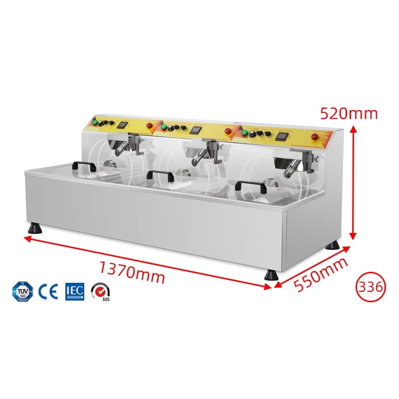 NP-336 เครื่องทําช็อคโกแลตสามหม้อพร้อมเครื่องหลอมช็อคโกแลตบนโต๊ะอัตโนมัติแบบสั่นสะเทือน
