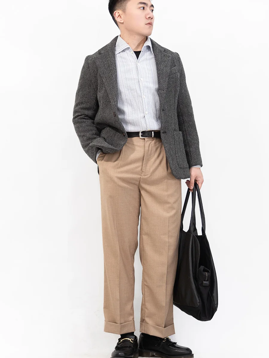 POT&CRAFTSMAN Worsted fabric loose wide-leg straight casual pants suit pants men's retro non-iron khaki pants