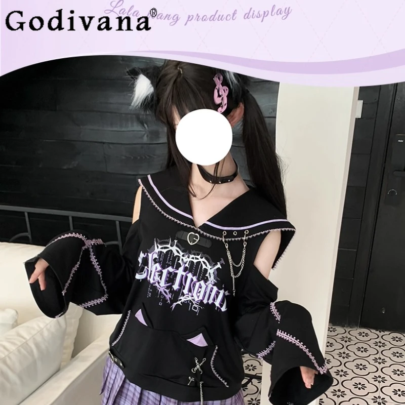 

Early Autumn Original Design Sweatshirt Women's Subculture Anime Navy Collar Hoodies Female Off Shoulder Loose Sweatshirts