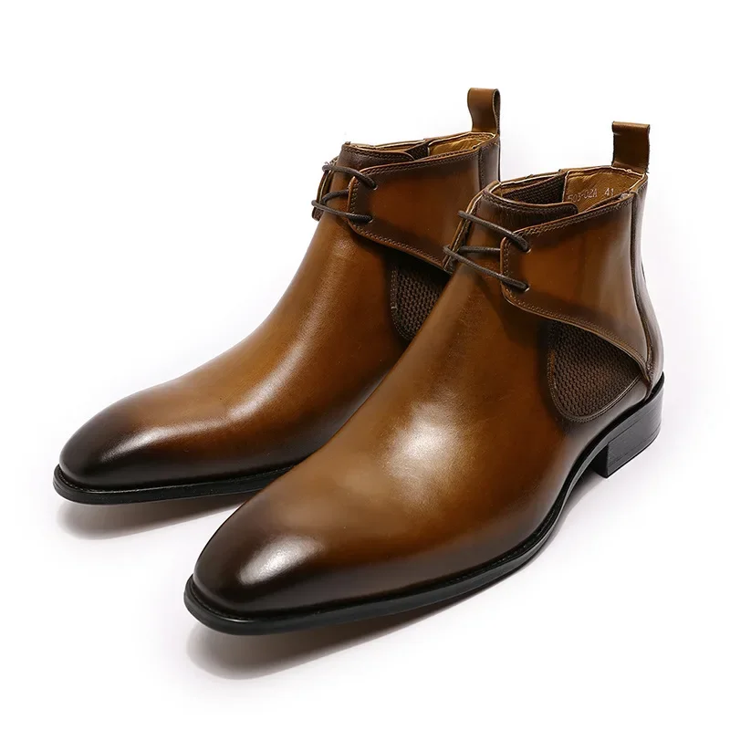 British Style Pointed Men Boots Genuine Leather Business Formal Chelsea Boots High Top Autumn Winter Men Shoes Botines Hombre