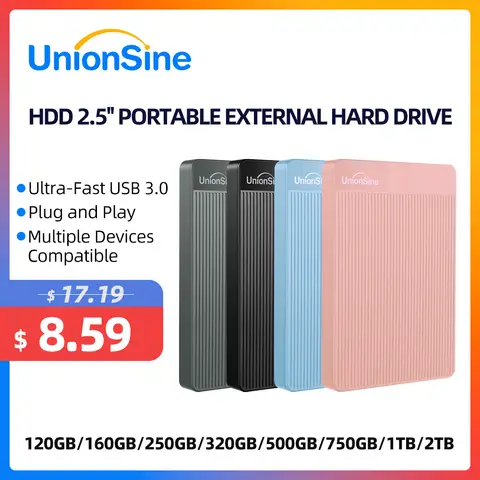 UnionSine 휴대용 외장 하드 드라이브, USB 3.0 저장 장치, PC, Mac, 노트북, Xbox, TV와 호환 가능, 2.5 인치 2/6 PCs, 250GB, 500GB, 1TB