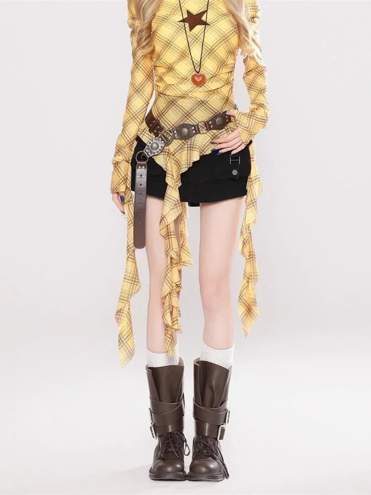 Y2K Plaid Slash Neck Vintage T-Shirt for Women, Grunge Ruffled Bodycon Top, Sexy Fairy Aesthetic