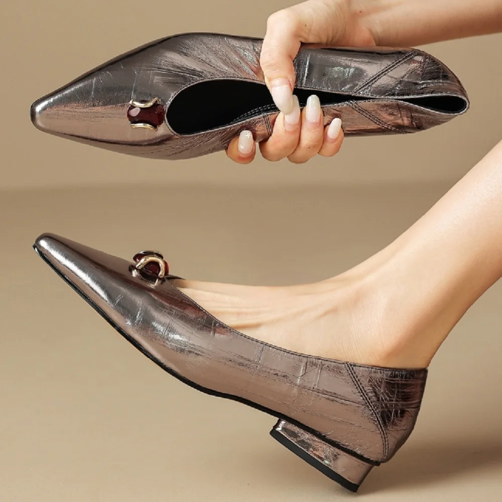 【JOCHEBED HU】Women's Handmade Genuine Leather pointed toe metal buckle slip-on quality soft elegant ladies Low heel shoes 34-40 view 6
