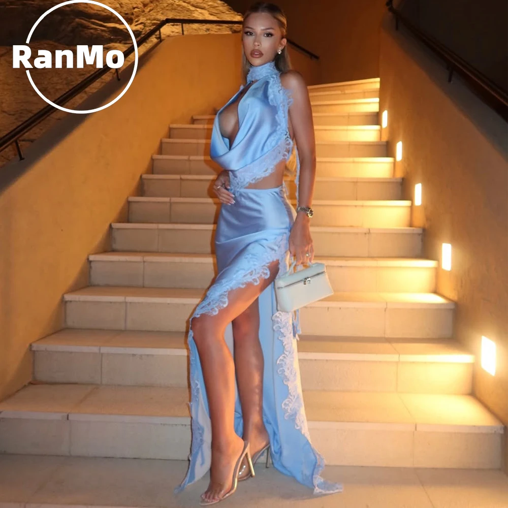 

Вечернее платье Ranmo из светло-голубого атласа с глубоким V-образным вырезом, без рукавов, 2026, с высоким разрезом по боку