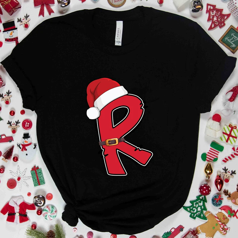 

Women’s Christmas A-Z Alphabet Graphic Print Tee, Santa Letter Printed Holiday T-shirt, Casual Christmas Party Top for Women