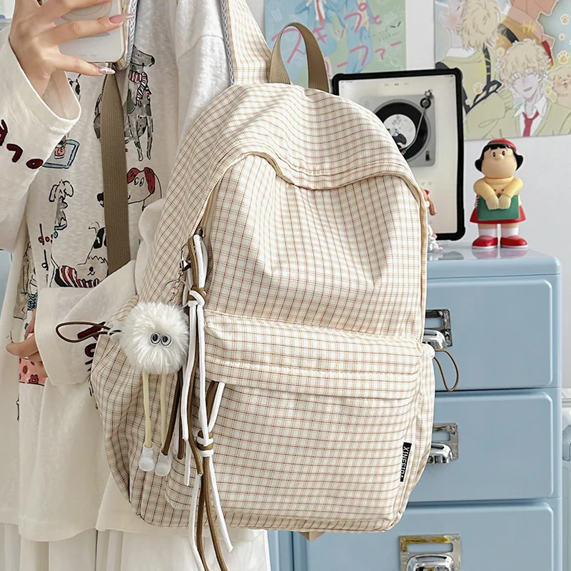 Women's Beige Brown Plaid Backpack, Casual School Bag with Drawstring Tassel Details, Large Capacity Travel Daypack