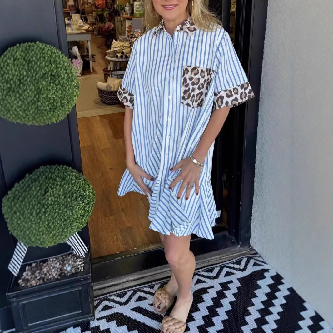 2025 Summer Fashion Women's Casual Trendy Striped Turn-down Collar Short Sleeve Above Knee Length Shirt Dresses Female Clothes