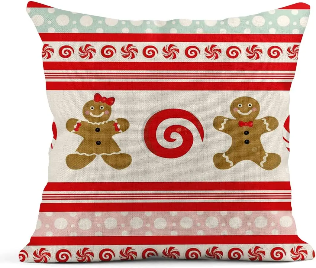 Throw Pillowcase Red and White Candy Cane Gingerbread Man Square Linen Home Decoration Cushion Cover Sofa 45x45 pillow case