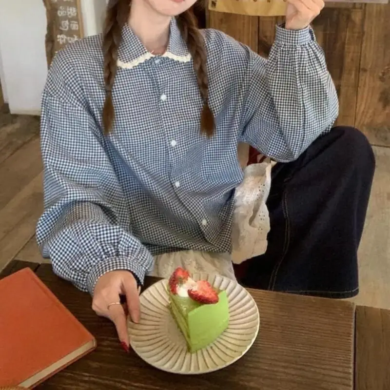 Sweet Girl Blue Checkered Lace Patchwork Shirt for Spring and Summer Cute Women's Doll Collar Fashionable Skin Friendly Tops
