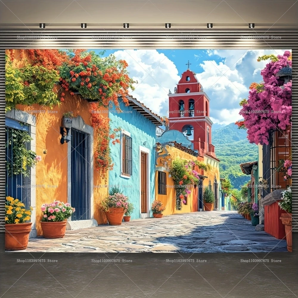 2D Vibrant Mexican Town Backdrops Mexican Party Decorations Photography Background Banner Studio Booth Props Party Supplies