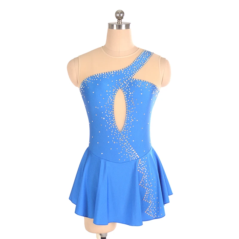 

Kids Skating Dress Body Custom Competition Blue Sleeveless Rhinestone Skating Skirt Female Hot Sale