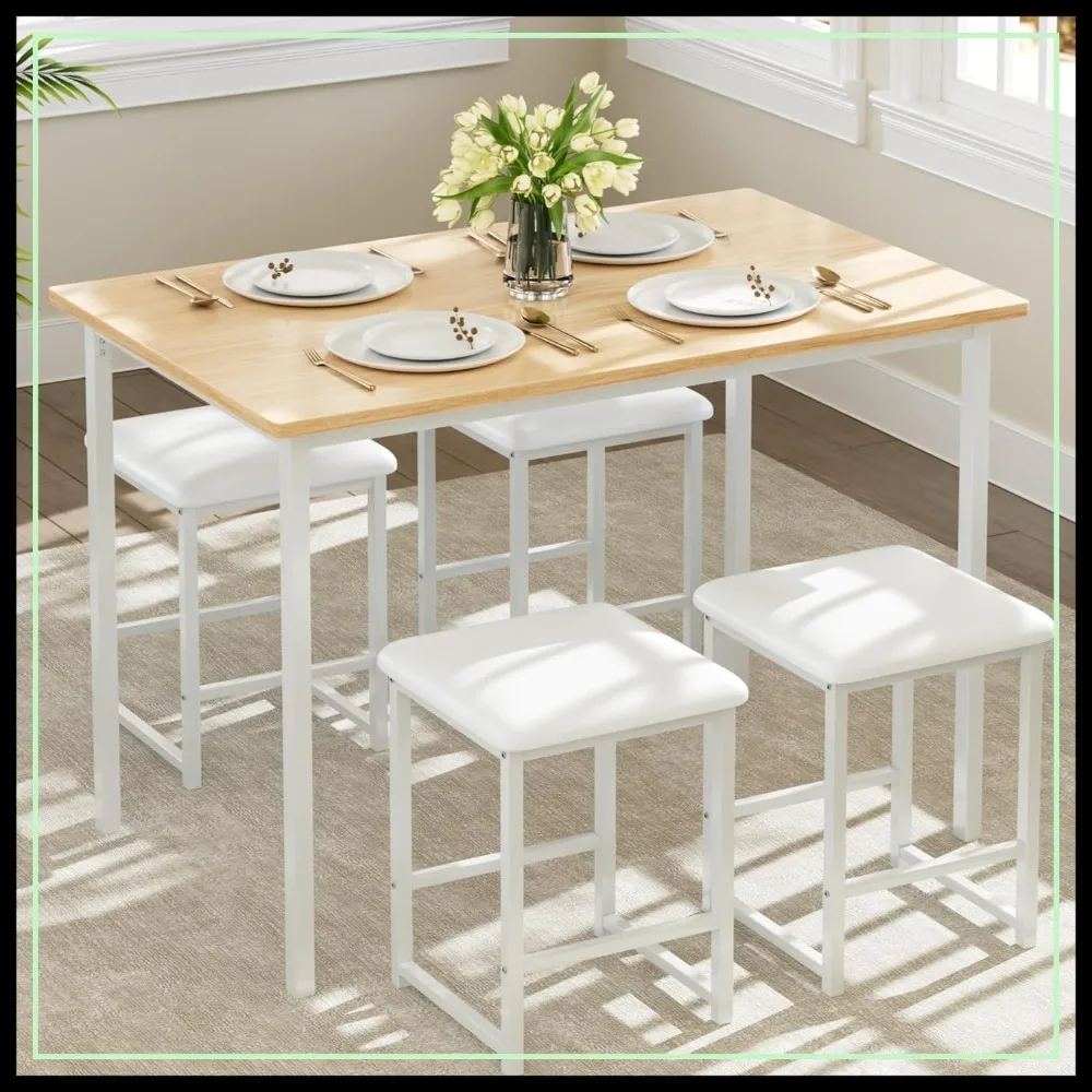 

Kitchen Table and Chairs for 4, Dining Set with PU Chairs, Heavy-Duty Metal Frame, Wooden Top, Space-Saving, Easy Assembly, Oak