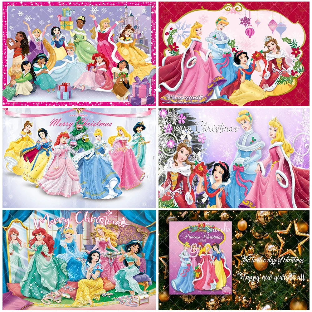 

Disney Princess Merry Christmas Backdrop Girl Birthday Party Decorations Winter Snow Scenery Background Baby Shower Supplies