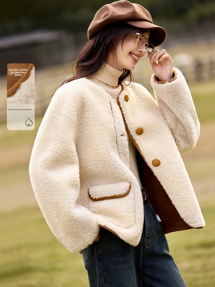 

Mehaimi Lamb Fur Color Blo Design round Ne Versatile Outerwear Winter New Sle Faux Leather Fur Inteated Commute Sle