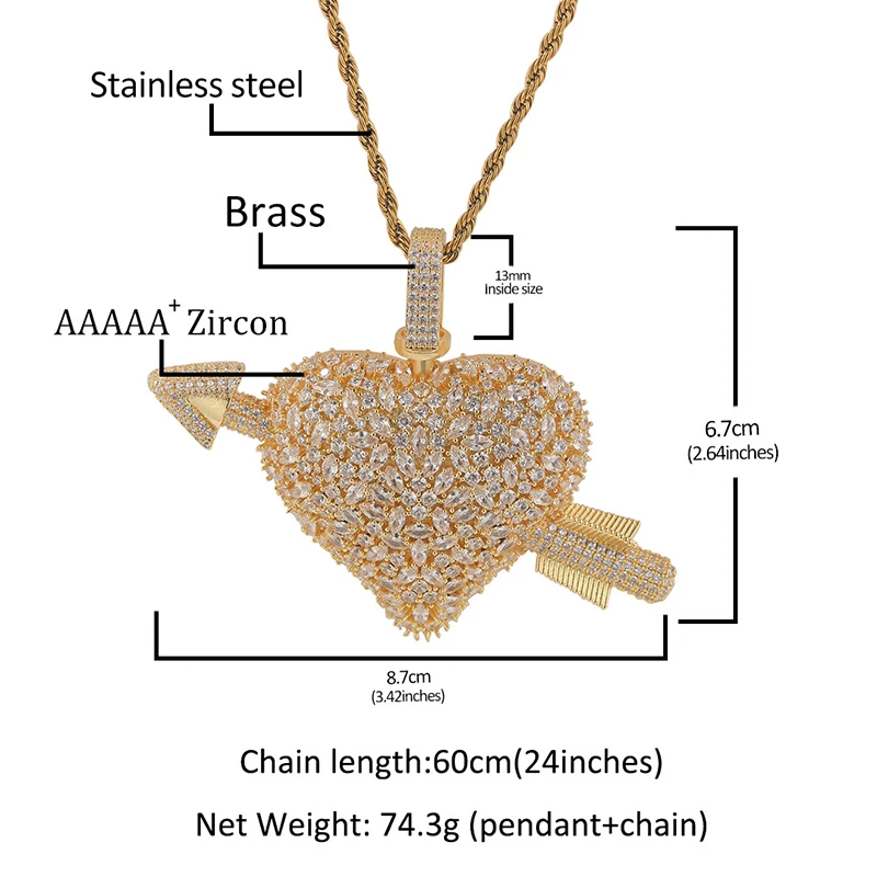 Custom love God Arrow Heart Shape Photo Pendants Necklace for Men 5A+ CZ Stone Bling Iced Out Hip Hop Rapper Jewelry