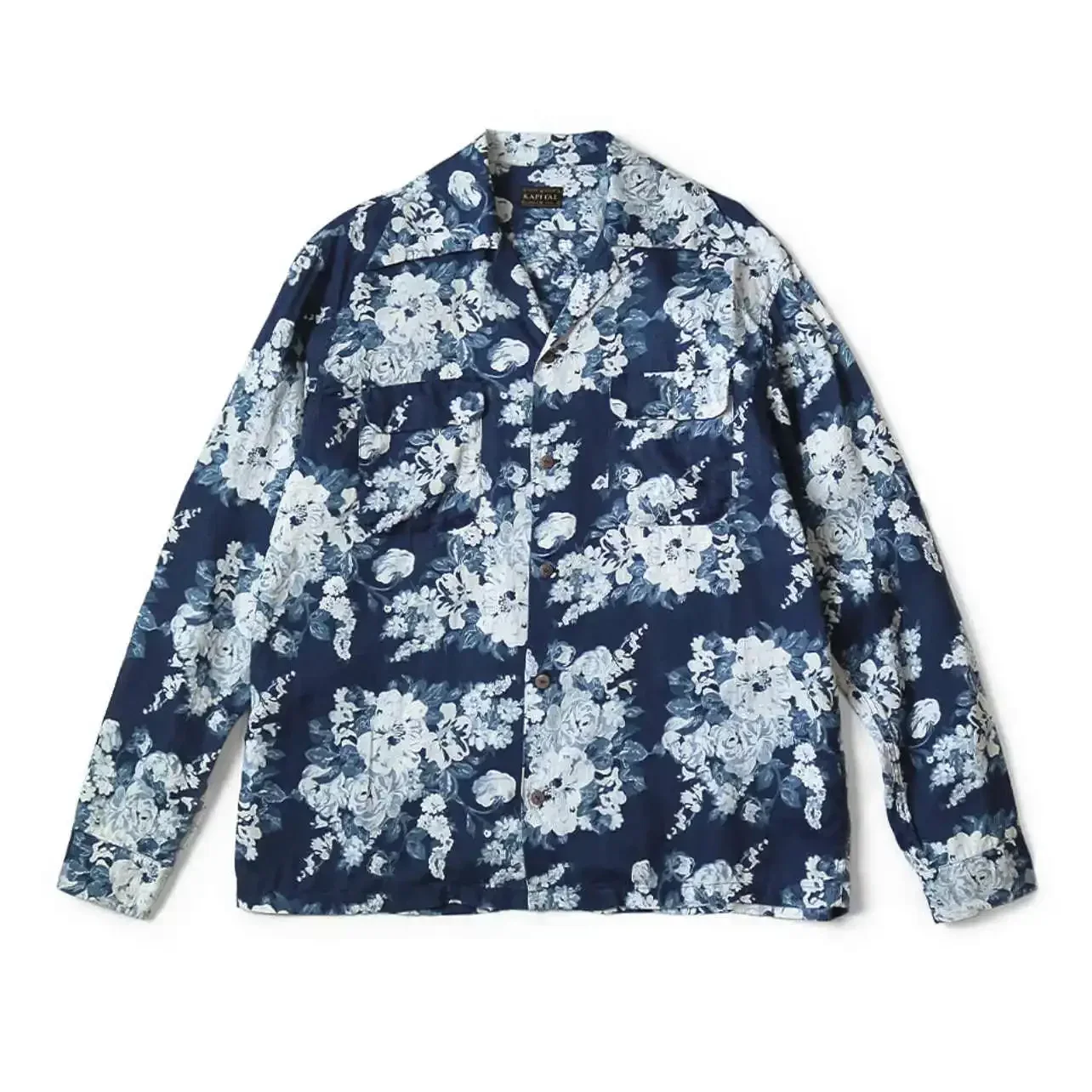 

24AW KAPITAL Hirata Kazuhiro Japanese Casual Dye Blue Flower Breasted Loose Long Sleeved Shirt for Men