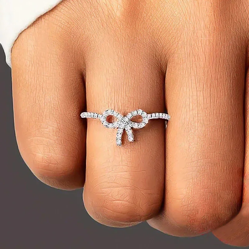 CAOSHI Two Colors Available Bow Knot Ring Micro Pave Zircon Bow Design Thin Band Dainty Women Daily Party Stackable Jewelry Gift