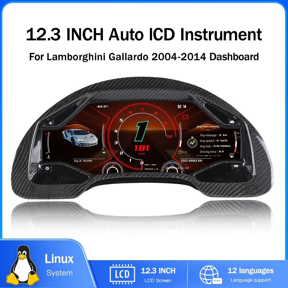 Digital Instrument Cluster for Lamborghini Gallardo 2004-2014 Speedometer, IOS CarPlay, Android Auto, Plug and Play