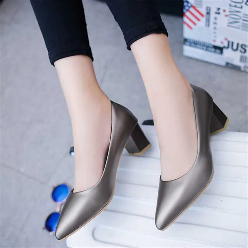 Soft Leather Pumps Women Shoes Comfortable Office Shoes Square Heel Shallow Pointed High Heels Slip-On Ladies Wedding Shoes