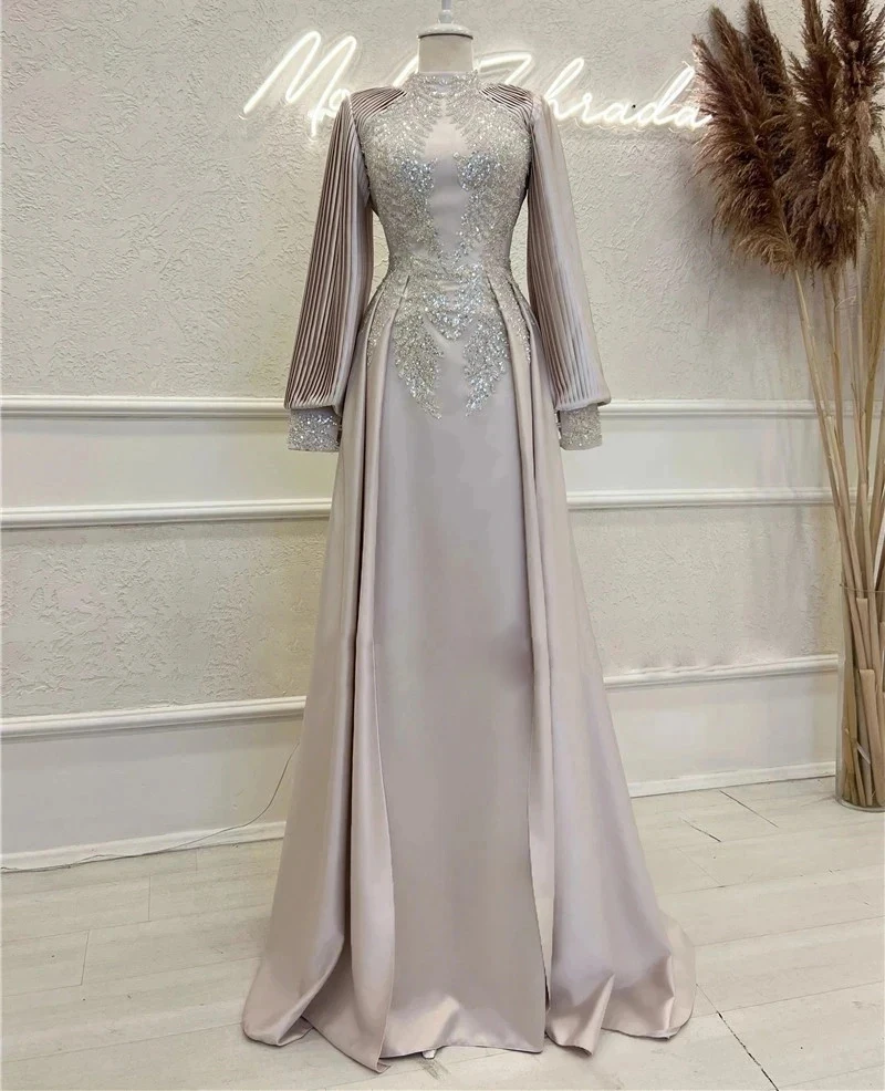 Satin Gowns A-line High Neck Long Sleeve Heavy Craftsmanship Evening Gowns for Banquet Party Prom Cocktail Dresses