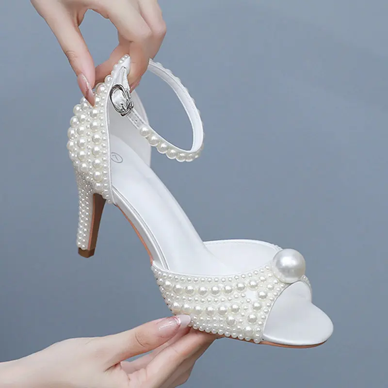 

ynpo 2026 Fish Mouth High Heel Sandals Pearl Satin Shoes Thin Heeled Fish Mouth Sandals Wedding Dress Bridal Shoes