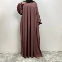 Femmes musulmanes robe de mode élégante arabe turquie col rond robe couleur pure robe longue islamique avec poches 3